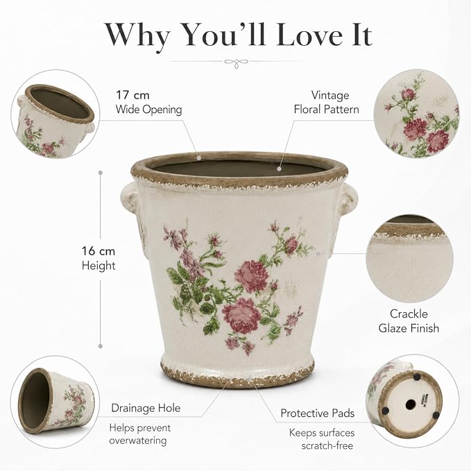 Dosayes Vintage Ceramic Flower Pot with Drainage Holes and Handle,Ice Crack Country Rustic Planters for Indoor Outdoor,Tuscan Decor,Home and Garden Decor,Gardening Present