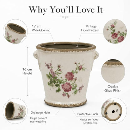Dosayes Vintage Ceramic Flower Pot with Drainage Holes and Handle,Ice Crack Country Rustic Planters for Indoor Outdoor,Tuscan Decor,Home and Garden Decor,Gardening Present