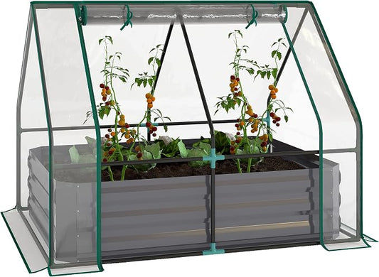 Outsunny 4 x 3 x 1ft Raised Garden Bed with Mini Greenhouse, Galvanized Raised Garden Bed with Cover for Herbs and Vegetables, Small Greenhouse for Patio Garden Balcony, Clear and Dark Gray