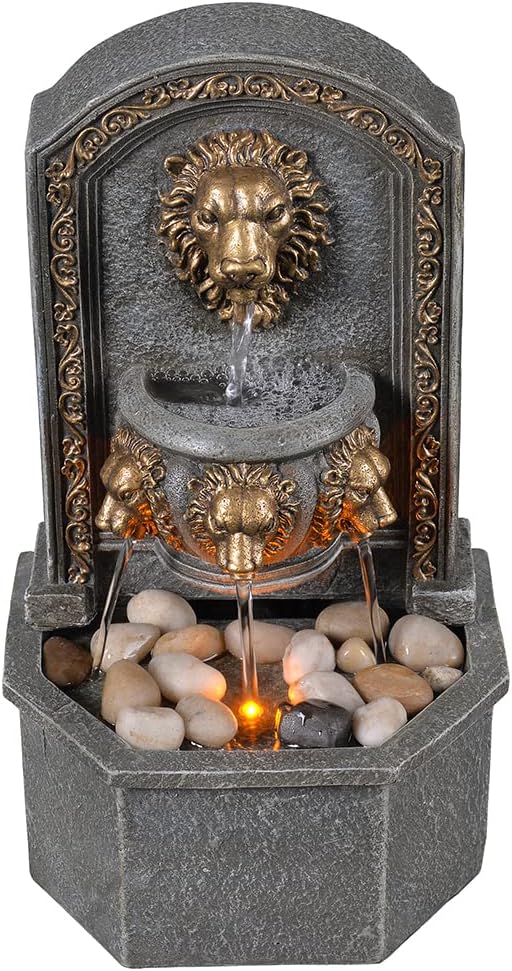 GOSSI 10.3 Inch Lion Head Tabletop Water Fountain, Classic Resin Indoor Zen Waterfall Fountain with Cobblestone, Soothing Water Sounds for Office and Home Decor (20135)