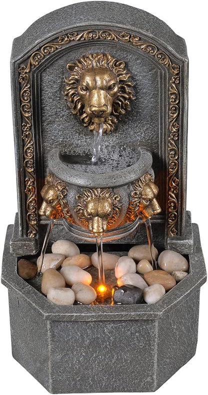 GOSSI 10.3 Inch Lion Head Tabletop Water Fountain, Classic Resin Indoor Zen Waterfall Fountain with Cobblestone, Soothing Water Sounds for Office and Home Decor (20135)