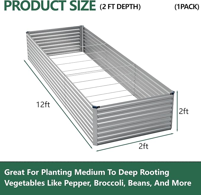 Vengarus 12x2x2ft Galvanized Raised Garden Bed,Metal Raised Beds Kit Silver | 2FT Deep Root Elevated Garden Planter Box, Corrugated Steel, Open Bottom, Rustproof All Weather, Large Vegetable Flower Bed