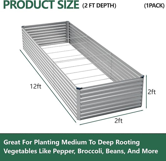 Vengarus 12x2x2ft Galvanized Raised Garden Bed,Metal Raised Beds Kit Silver | 2FT Deep Root Elevated Garden Planter Box, Corrugated Steel, Open Bottom, Rustproof All Weather, Large Vegetable Flower Bed
