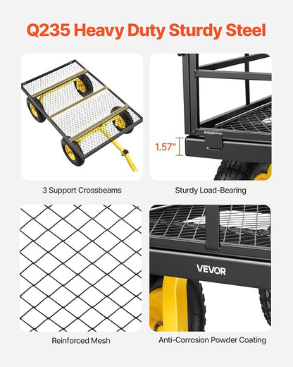 VEVOR Steel Garden Cart, 1200 lbs Heavy Duty Pullable Garden Wagon Yard Cart, 2 in 1 Outdoor Metal Utility Wagon Yard Trailer with 13" All Terrain Tires, Mesh Detachable Sides and 180° Rotating Handle
