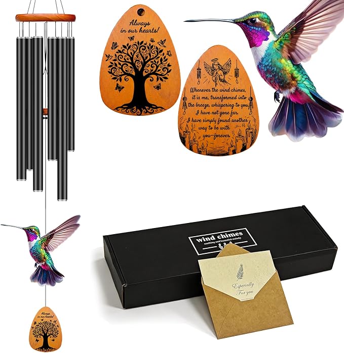 Sympathy Gifts for Loss of Loved One, 37" Memorial Wind Chimes with Hummingbird, Bereavement Gift for Mom Dad, Outdoor Remembrance Decor with Engraved Pendant