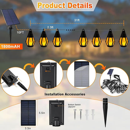 Vivideal Solar String Lights Outdoor Waterproof with 10 Flickering Flame Light Bulbs, 31ft Solar Outdoor String Lights for Outside Tree Patio Garden Porch Party Decorations, Warm White