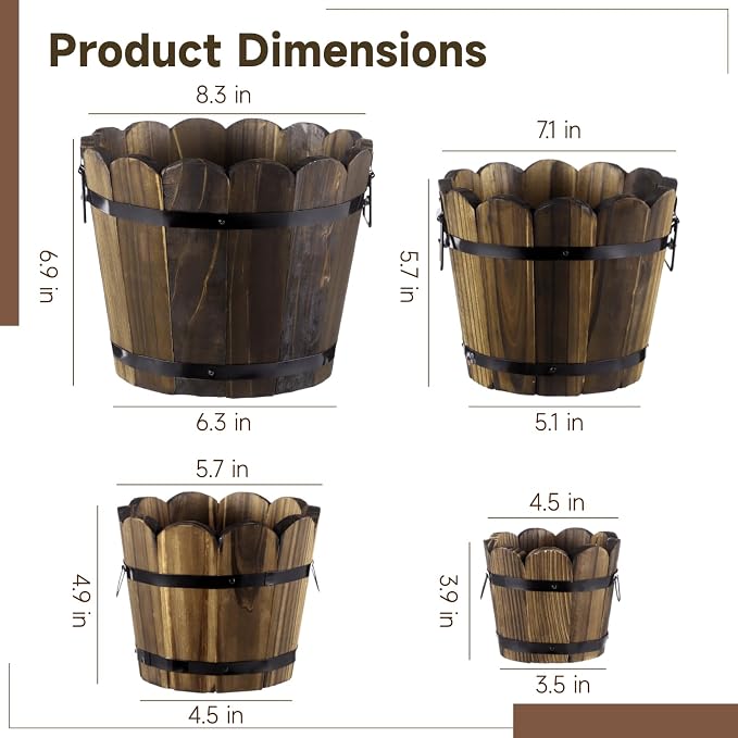 4 PCS Wooden Whiskey Barrel Planters, Wavy Edge Rustic Bucket Flower Pots with Metal Handles, Round Garden Accessory for Succulents Flowers Veggies, Outdoor Indoor Home Porch Yard Container
