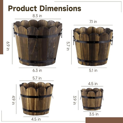 4 PCS Wooden Whiskey Barrel Planters, Wavy Edge Rustic Bucket Flower Pots with Metal Handles, Round Garden Accessory for Succulents Flowers Veggies, Outdoor Indoor Home Porch Yard Container
