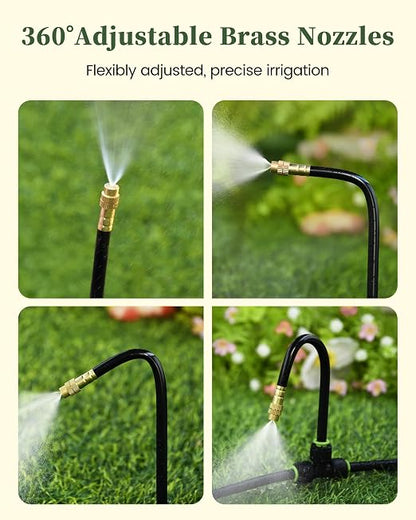 RAINPOINT 100FT Drip Irrigation System with 30pcs Adjustable Copper Nozzles | Garden watering kit with 360° adjustable atomizing sprayers for greenhouse, lawn, raised beds, flower beds, vegetable gardens