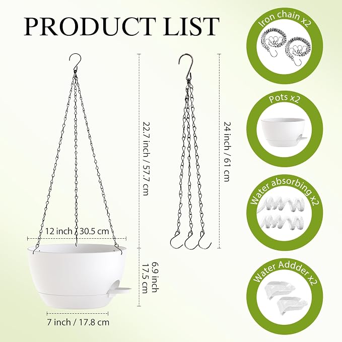 12 Inch Hanging Baskets 2 PC with Chains, Self-Watering Hanging Planters for Indoor Outdoor Plants, Plastic Hanging Flower Pots,White