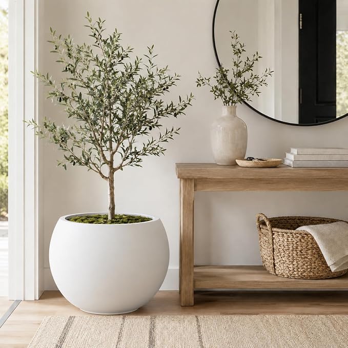 17" H x 21" Dia White Fiberstone Planter Pot with Drainage Hole, Extra Large Decorative Flower Pot for Indoor Outdoor Trees, Plants & Shrubs, Round Planter for Patio, Porch, Garden & Home Décor
