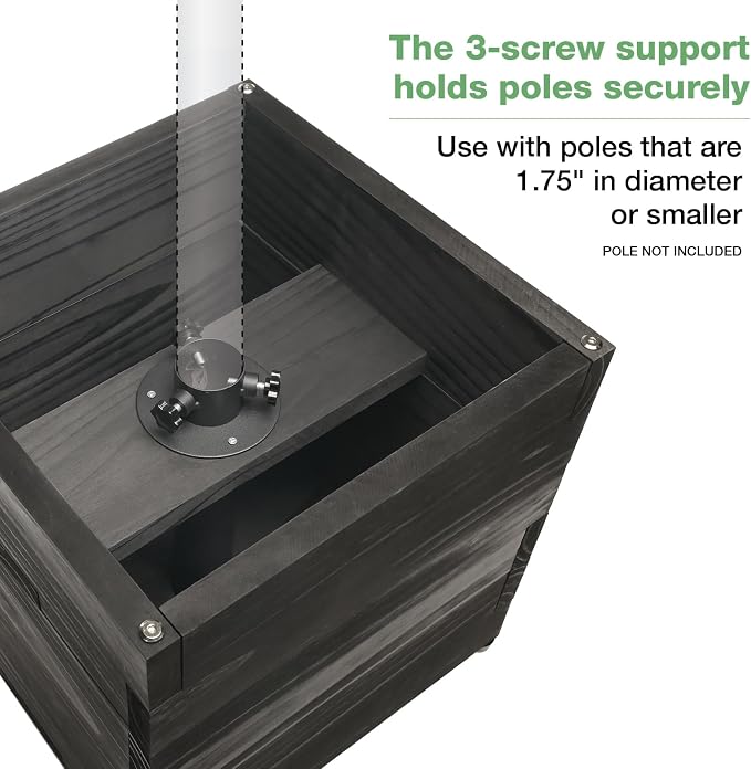 Large Decorative Wooden Planter w/ Universal Pole Support for String Light Poles, Umbrellas, Bird Feeders. Solid Wood Outdoor Garden Patio Box for Plants(Does not include Pole), 14"x14"x14", Black