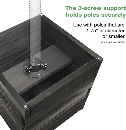 Extra Large Decorative Wooden Planter w/ Universal Pole Support for String Light Poles, Umbrellas, Bird Feeders. Solid Wood Outdoor Garden Box for Plants(Does not include Pole), 17"x17"x18", Black