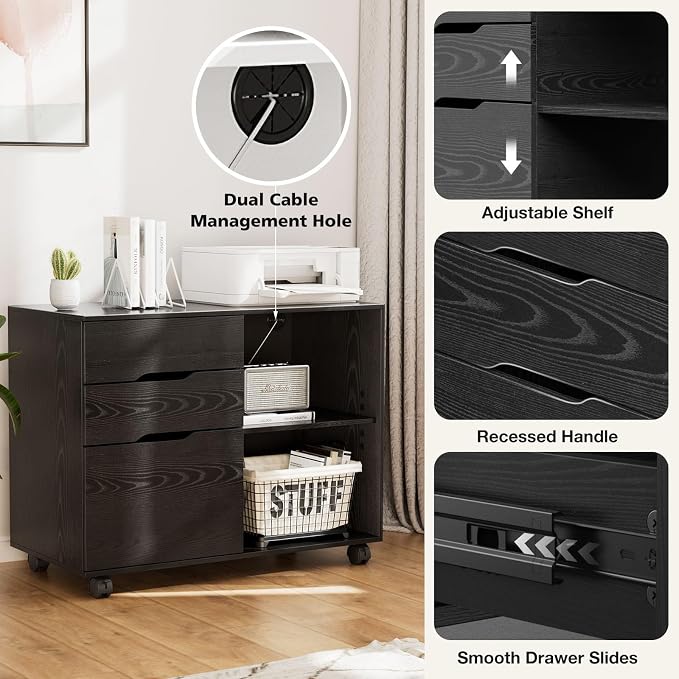 DUMOS File Cabinet with 3 Drawers, Wood Under Desk Storage Printer Stand | Rolling Lateral Filing Cabinet with Adjustable Shelves for Home Office Study Organization,Black