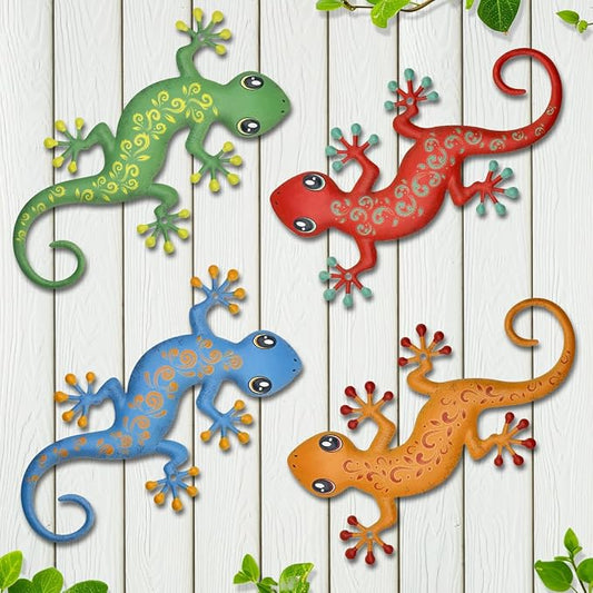 4 Pcs Metal Gecko Outdoor Decorations - Metal Wall Art Hanging Sculpture Decoration for Garden Yard Fence Porch Exterior Wall Decor