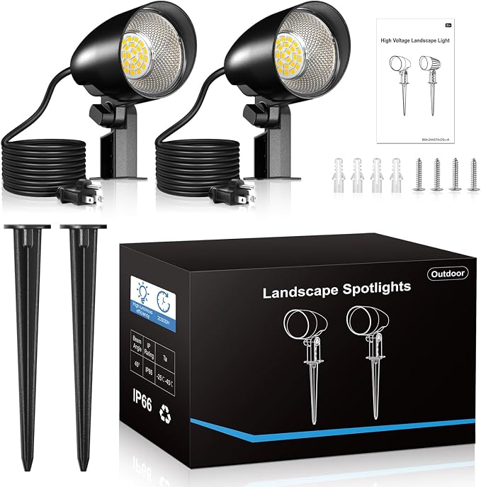 20W Outdoor LED Landscape Lighting Spot Lights, 1880LM IP66 Waterproof, Plug in Landscape Lights for Pathway Patio Yard Lawn, 120V US 3-Prong Cord, 2 Packs
