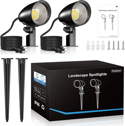 20W Outdoor LED Landscape Lighting Spot Lights, 1880LM IP66 Waterproof, Plug in Landscape Lights for Pathway Patio Yard Lawn, 120V US 3-Prong Cord, 2 Packs