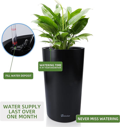 Dexceder 22x13 Self Watering Tall Planter (Black Matte) | High Cylinder, Thickened Large Floor Standing Flower Plant Pot with Water Level Indicator Indoor Outdoor