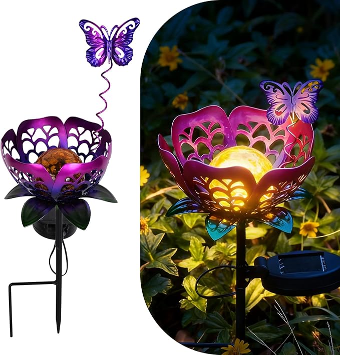 Solar Lights Outdoor Garden Decor, Metal Tulip & Butterfly Decoration Solar Lawn Lamp for Courtyard, Metal Flowers Outdoor Waterproof for Landscape Patio Yard Decor (Purple)