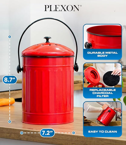Plexon Countertop Compost Bin Kitchen with Lid, Red 1.5 Gallon Odorless Compost Container, Steel Food Compost Bucket for Kitchen with Charcoal Filter, Pail for Countertop