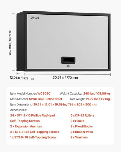 VEVOR Metal Wall Cabinet, 30.31 x 12.01 x 19.69 Inch, Floating Garage Tool Cabinet with Up-Flip Door and Shelf, 240 lbs Load Capacity, Fit for Garage, Basement, Kitchen, Warehouse Assembly Required
