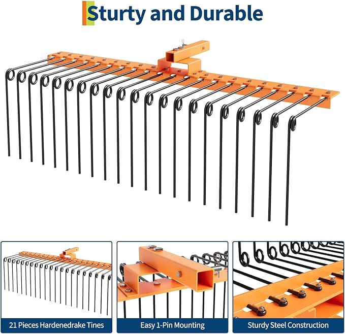 Tow Behind Landscape Rake, 60" Tow Dethatcher with 21 Steel Tines, Lawn Dethatcher Rake Attaches to Category 1, 3 Point Hitch for Tractor, for Leaves, Pine Needles, Straw, and Grass