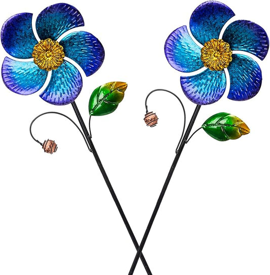 Viveta 2 Pack Wind Spinners with Metal Stake, Outdoor Garden Pinwheels | Blue Flower Shape Design Garden Spinners for Yard Lawn Patio Decor ,28.7 inches