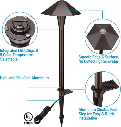 LEONLITE 6-Pack 5CCT Low Voltage LED Pathway Lights, Hexagon Head | 12-24V AC/DC, IP65, Landscape Path Lights, for Walkway Yard Garden, 1800/2700/3000/4000/5000K, Oil Rubbed Bronze, Aluminum