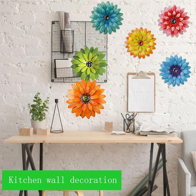 Outdoor Metal Wall Art Decor, 2 Pack 8 Inch Sunflower Wall Decorations, Hanging Outdoor wall Decor, Handmade Metal Flowers for Outdoor Outside Indoor Decor, Lake Blue+ Green