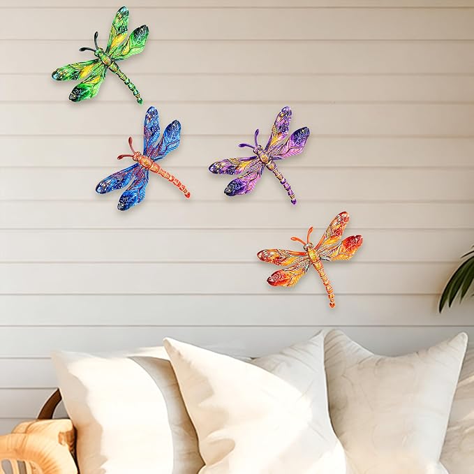 SUNREEK Metal Dragonfly Wall Decor - 9.6" Outdoor Fence Wall Art, Hanging Decorations for Garden Yard Patio Room Decorations, 4 Pack (Color-1)
