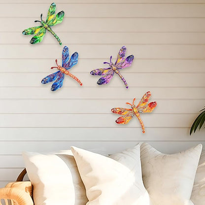 SUNREEK Metal Dragonfly Wall Decor - 9.6" Outdoor Fence Wall Art, Hanging Decorations for Garden Yard Patio Room Decorations, 4 Pack (Color-1)