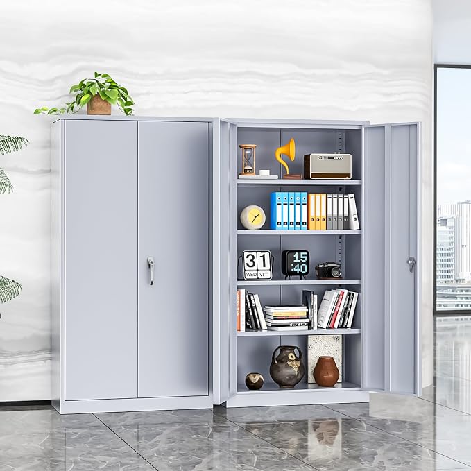 INTERGREAT Metal Storage Cabinet with Doors, 72" Locking Steel Storage Cabinet with Shelves, Tall Metal Cabinet Lockable Steel Cabinets for Home Office, Garage,(Cement)