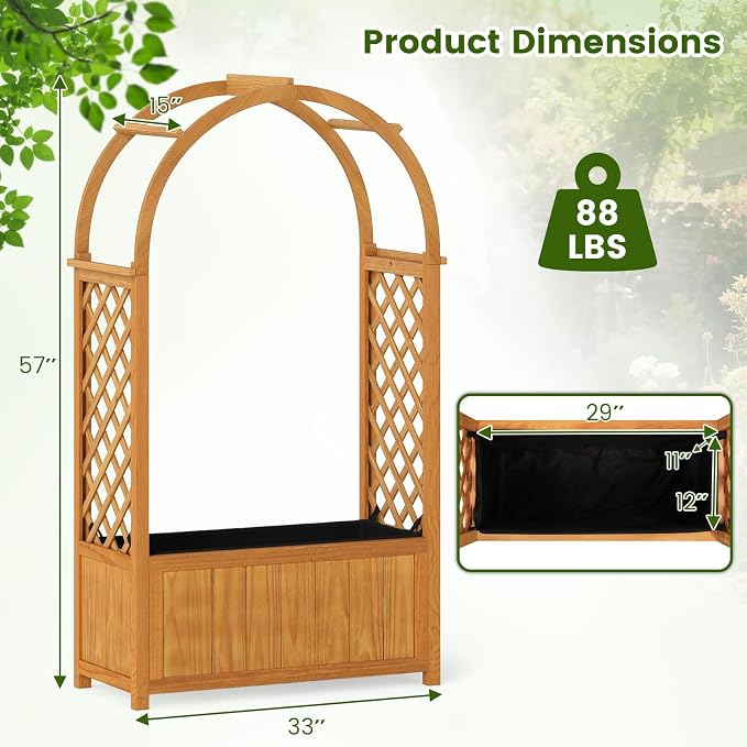 HAPPYGRILL Raised Garden Bed with Trellis, Wooden Elevated Planter Box w/Ached Roof & Detachable Bottom Panels, Liner, Drainage, Indoor Outdoor Wood Planter for Climbing Plants Vine Flower (2)