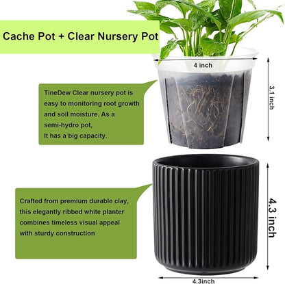 2 Pack of 4in Ceramic Cachepot with 4 inch Clear nusery Pot - self Watering Indoor Planter with Drainage for Root Visibility,semi Hydro pots for repotting Succulent,Black