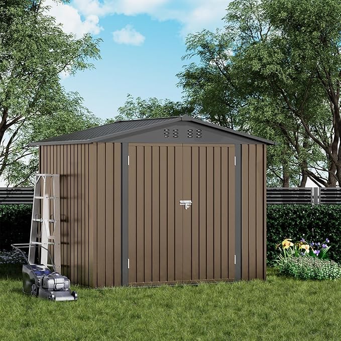 COMHOMA Shed Outdoor Storage Shed Metal,Lockable Doors Tool Sheds with Sloping Roof,Steel Garden Shed with Air Vent for Backyard,Patio,Lawn,Poolside(Brown,8'x6') | Sloping Roof and Air Vent Perfect for Backyard Patio Lawn and Poolside