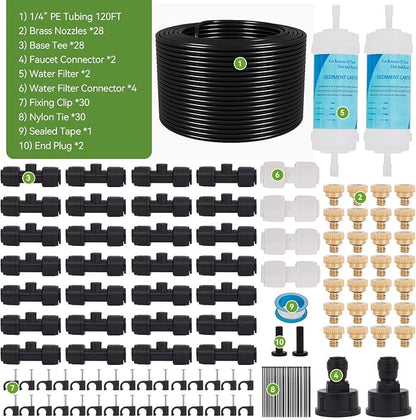 120FT Misters for Outside Patio, Outdoor Misting Cooling System with 28 Brass Nozzles & 2 Water Filters, DIY Misting Kit for Backyard Garden Greenhouse Deck Umbrella Canopy Pool Porch Trampoline