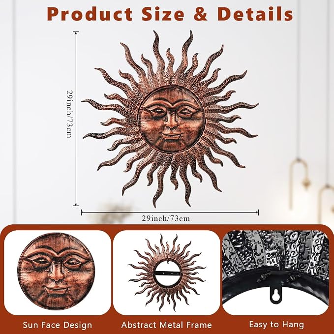 VEWOGARDEN Sun Outdoor Wall Decor, 29" Waterproof Large Metal Wall Art for Home Outside Patio Garden Fence Decorations, Antique Bronze