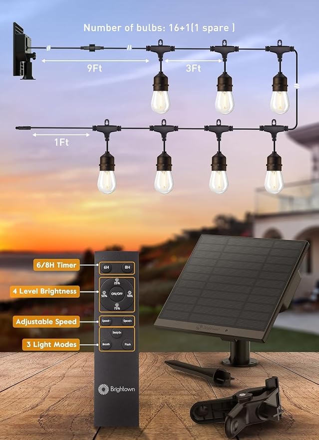 Brightown 55FT Solar String Lights Outdoor Waterproof, Patio Lights with Remote and 16+1 LED Shatterproof Bulbs, Dimmable & Timable, 3 Light Modes, Solar Lights Outdoor for Yard Garden Camping Party