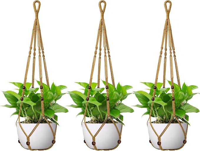 USLAI Macrame Plant Hanger Indoor Outdoor, Fits 4 to 15 Inch Pots, Strong Hanging Planter Holder, Boho Home Decor, 35 Inch, Brown, Set of 3 (POTS NOT Included)