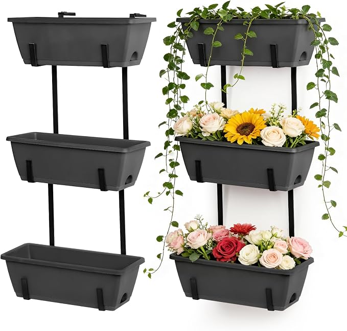 OYEAL Deck Railing Planter Boxes Set of 2 Over The Fence Planters Rail Hanging Planter Boxes with Adjustable Brackets, 6 Plastic Flower Boxes, Grey