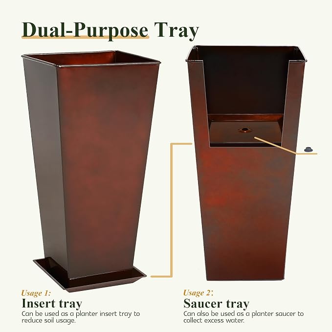 Worth Garden 28" Large Metal Glazed Planter Set of 2, Luxurious Glossy Finish Red Tall Square Tapered Steel Plant Pots, Decor Flower Pot Indoor & Outdoor, Drainage Hole & Dual-Purpose Plant Saucer