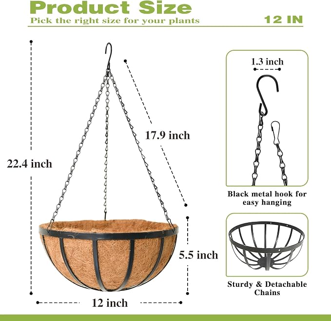 12 Inch Black Flat Iron Metal Hanging Planter Basket with Coco Coir Liner(2 Pack) Hanging Planters for Outdoor Plants Hanging Baskets for Plants Flower Pots for Deck Patio Porch Garden Balcony