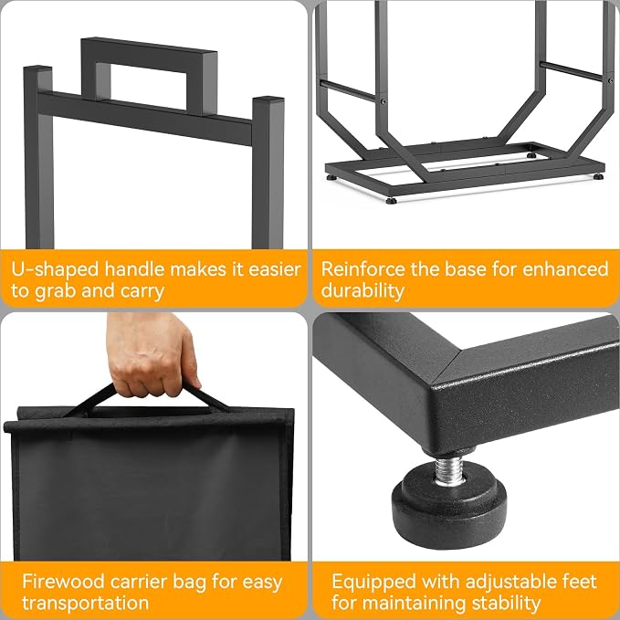 Firewood Rack, Indoor/Outdoor Firewood Holder with Firewood Carrier Bag, 25 Inch Thickened Metal Fireplace Log Holder with Adjustable Feet, Black