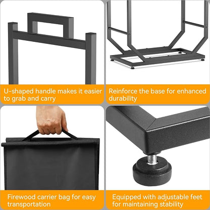 Firewood Rack, Indoor/Outdoor Firewood Holder with Firewood Carrier Bag, 25 Inch Thickened Metal Fireplace Log Holder with Adjustable Feet, Black