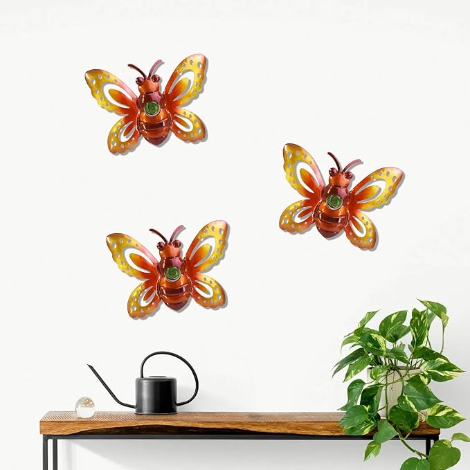 Garden Decor Metal Bee Wall Art Sculpture, Large Bee art Garden Decoration | BVLFOOK; Hanging for Outdoor & indoor; Yard Lawn Patio; Living Room décor; Bedroom; 3 Pack; Gift for Family