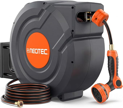 Upgraded Retractable Garden Hose Reel 5/8 inch x 100 ft Wall-Mounted 9 Pattern Nozzle Any Length Lock Automatic Slow Return 180° Swivel UV Resistant Heavy Duty Hose Reels for Outside