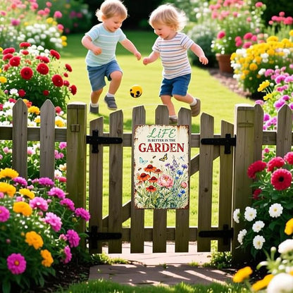 Vintage GardeningMetal Tin Sign Life Is Better In The Garden Wall Art for Outdoor Garden Botanical Wall Decor