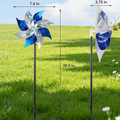 Hausse 12 Pack Reflective Blue Pinwheels with Stakes (Pre-assembled), Extra Sparkly Pin Wheel for Garden Decor, Bird Repellent Devices Deterrent to Scare Birds Away from Yard Patio Farm, Silver & Blue