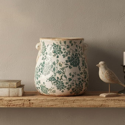 Tuscan Ceramic Planters & Kitchen Utensil Holder, 6.68" Vintage Plant Pots | Flower Pot with Drainage for Indoor/Outdoor, Country Cottage Vase for Home Garden Decor, Gifts for Plant Lovers, Cyan