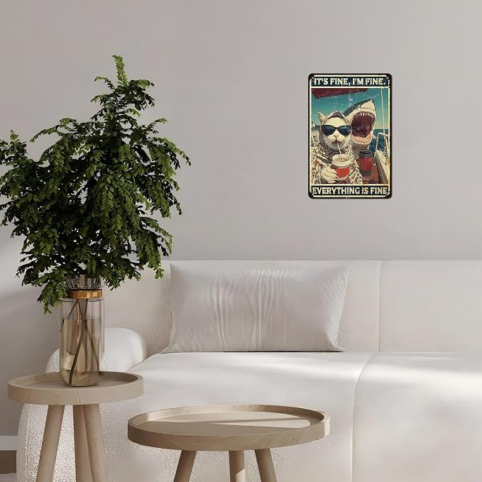 Cat Office Decor Metal Sign Shark Cat Decor Retro Tin Sign Shark Posters Funny Animal Wall Art for Office Man Cave Bar 12 * 8inch